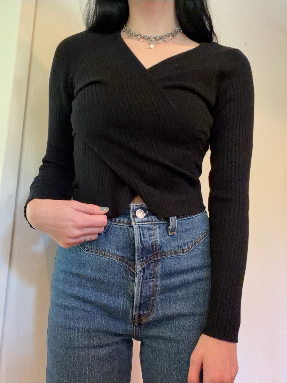 Endless Rose Black Ribbed Wrap-Front Long Sleeve Top